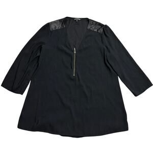 Express Blouse Half Zip V Neck Faux Leather Shoulder Lightweight Womens M Black
